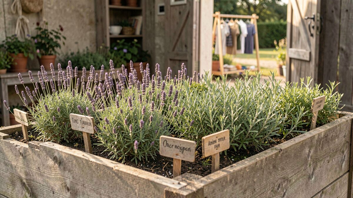 A raised herb bed in soft morning light, wooden labels in front of lavender and sage rows, a drying rack visible through an open barn door in the background.