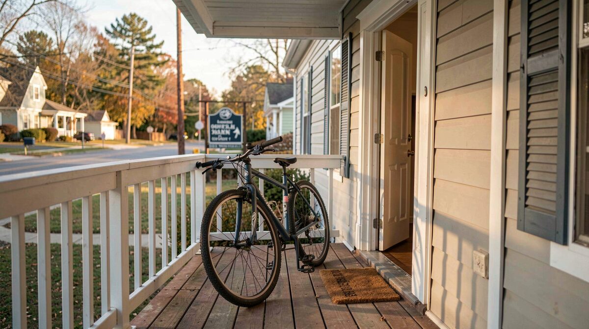 A front porch in late afternoon light, bicycle leaned against the railing and a slightly open front door, shot wide with the trail head sign visible down the street.