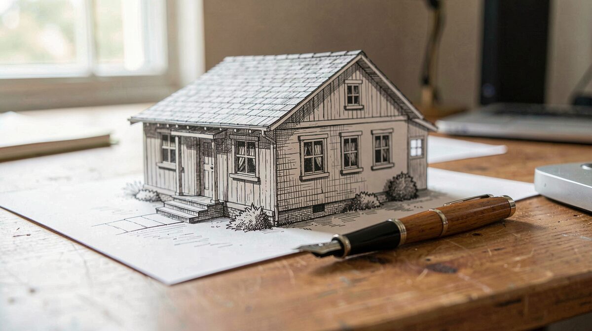 A pen-and-ink drawing of a house resting on a wooden desk beside a dip pen, photographed in soft morning window light with a tight framing on the hatched facade.