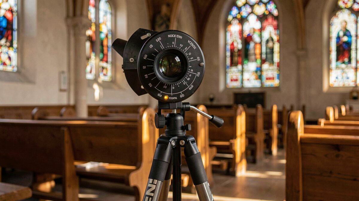 A panoramic head mounted on a tripod beside a church pew, late afternoon light raking through stained glass, close framing on the nodal point scale and level bubble.