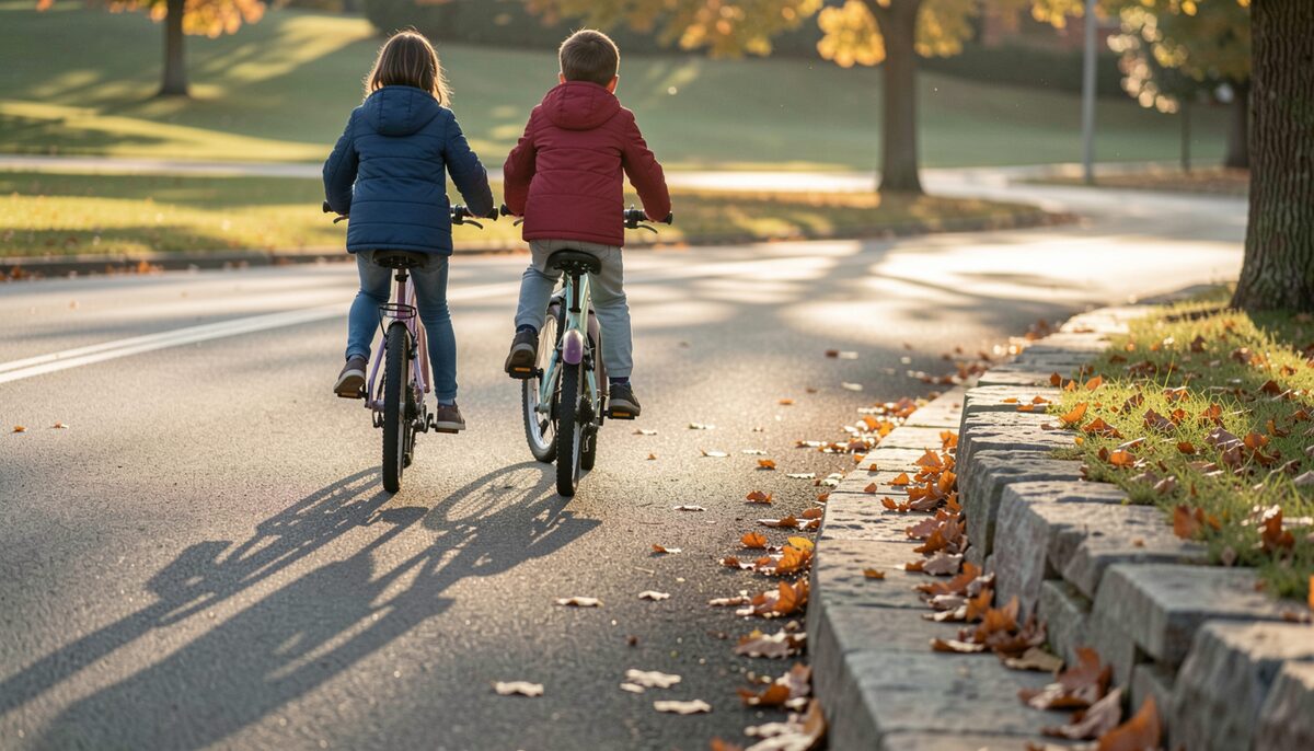 Late afternoon sun slants across fresh asphalt while a parent with two children on bikes rolls past a limestone shoulder scattered with early fallen leaves.