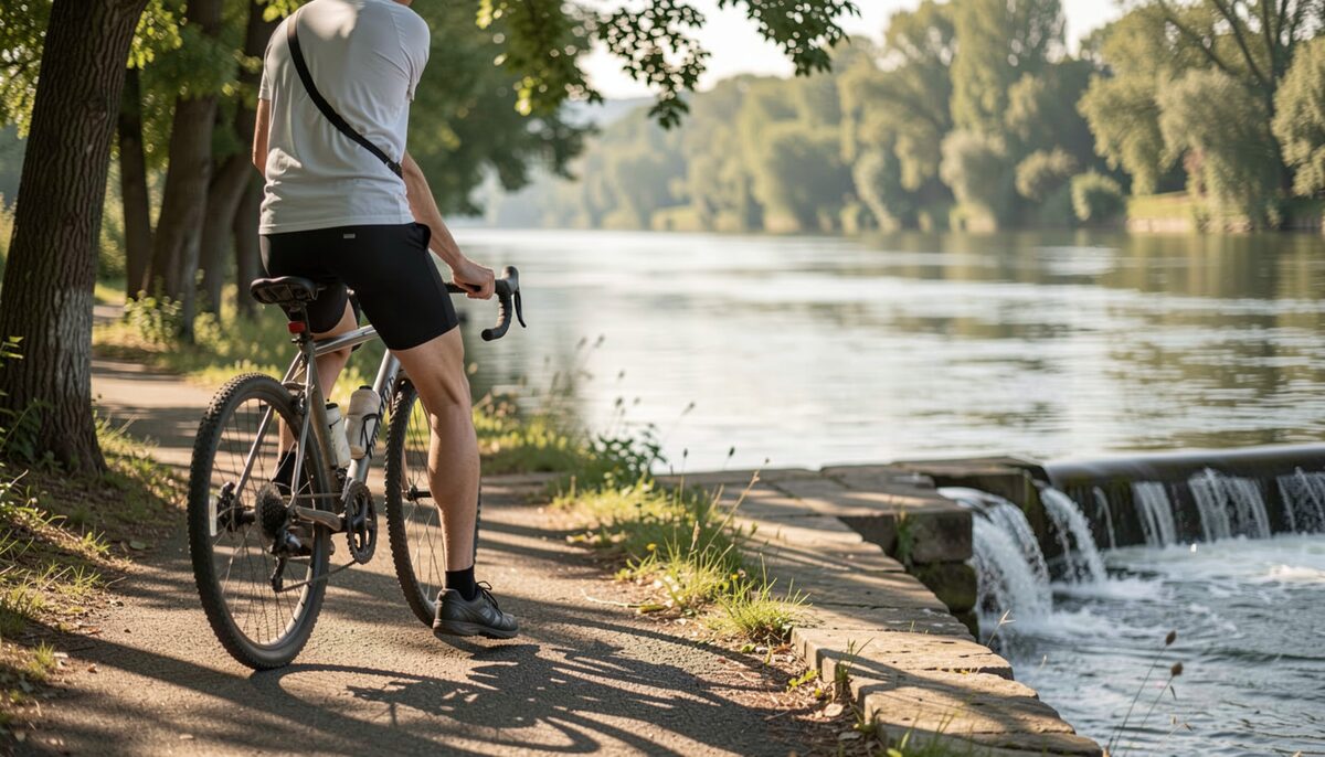 A cyclist pauses where tree shadows stripe a riverside path in early September light, one shoe down, watching water slide past a stone abutment.