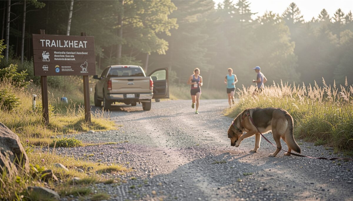 Morning light fills a gravel lot beside a trailhead sign as runners tighten laces, a pickup door closes, one leashed dog sniffs tall grass at wood's edge.