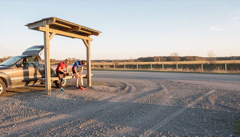 Morning light on a gravel parking lot beside a plain wooden trailhead archway, runners tightening laces at a pickup truck