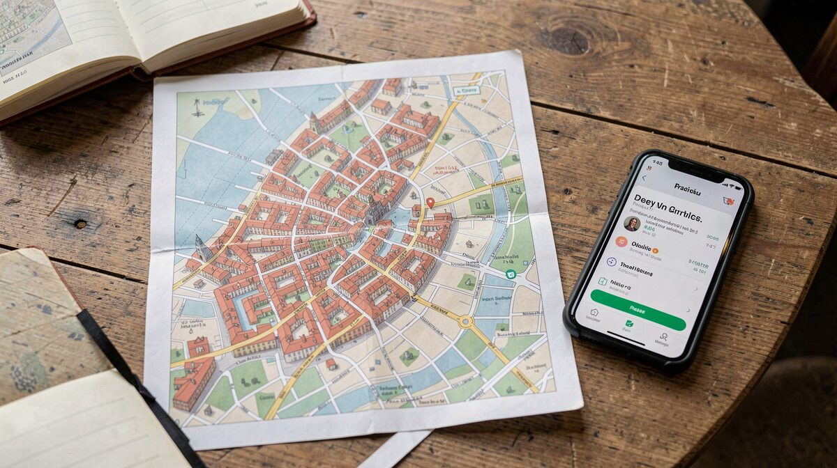 A paper city map of Prague spread on a wooden café table next to a notebook and a smartphone showing a booking app, in soft morning window light, shot from above.