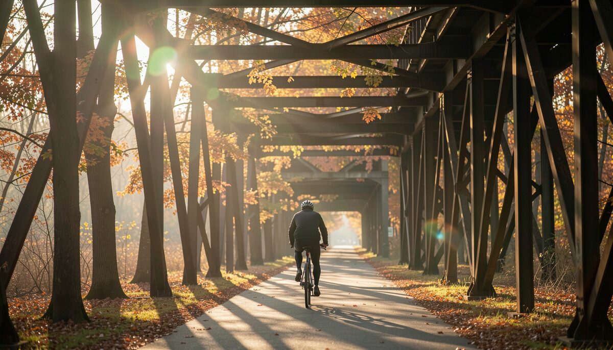 Late autumn afternoon beside a corridor where trees grow up through old steel trestle works while low sun flares between the beams and a cyclist seen from behind rolls beneath the shadowed deck.