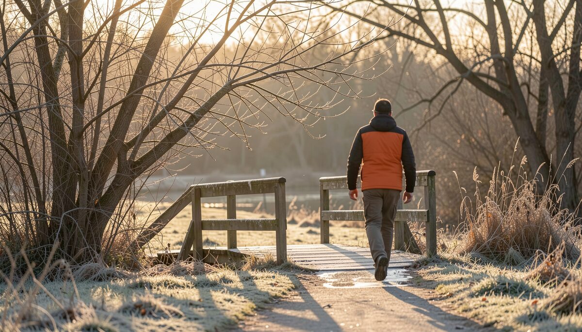 Low autumn sun cuts through bare branches over a pale path while a walker seen from behind in an orange vest keeps to the edge and frost melts off the planks of a small wooden crossing.