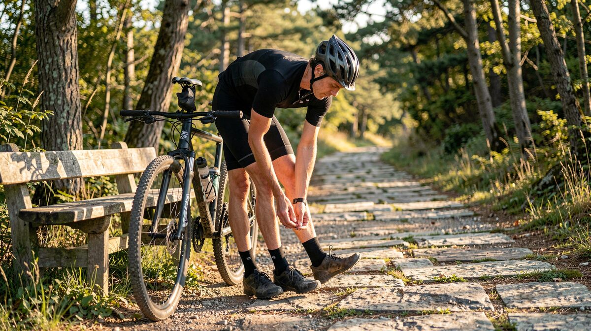 A cyclist leaning a bike against a wooden bench beside a limestone trail, adjusting a shoe in late afternoon light, framed wide with the path receding into trees.