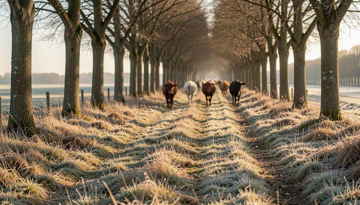 Low November sun rakes dry grass along a straight tree-lined corridor while frost lingers in shadowed dips where draft animals once walked in single file.