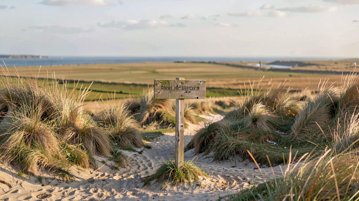 A low wooden signpost at the edge of a sandy path on an open Danish coastal headland, with marram grass and a salt meadow behind it, photographed in soft late-afternoon light with the sea horizon in the background.