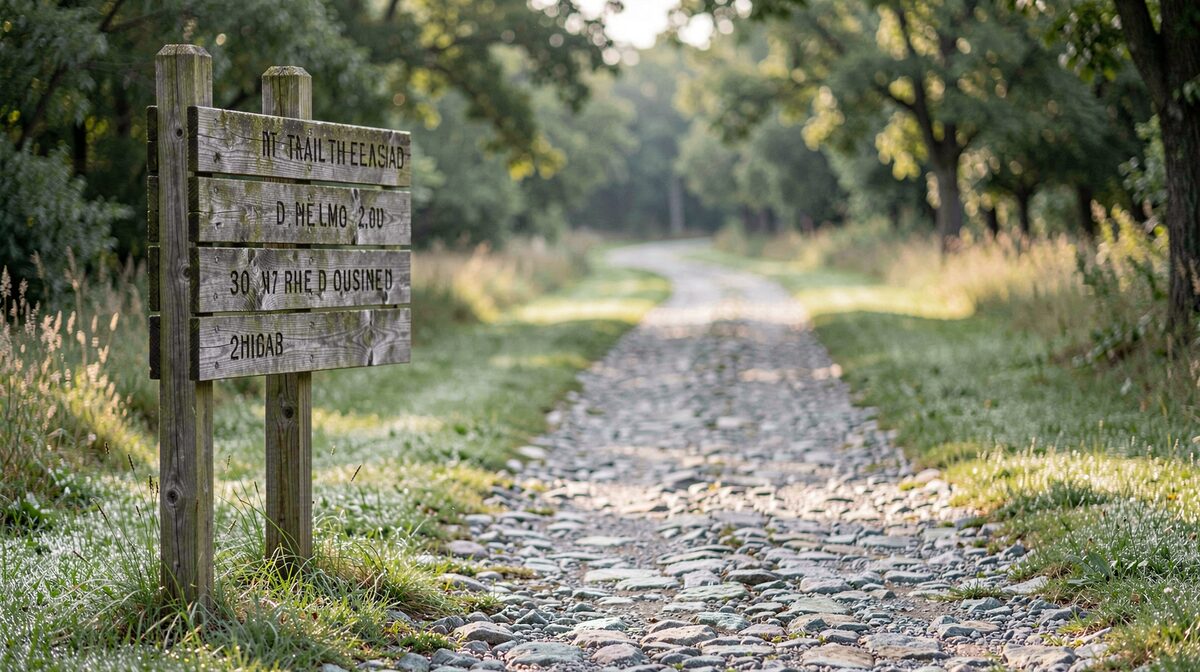 A wooden trailhead signboard at the edge of a limestone path in morning light, framed straight-on with dew on the grass