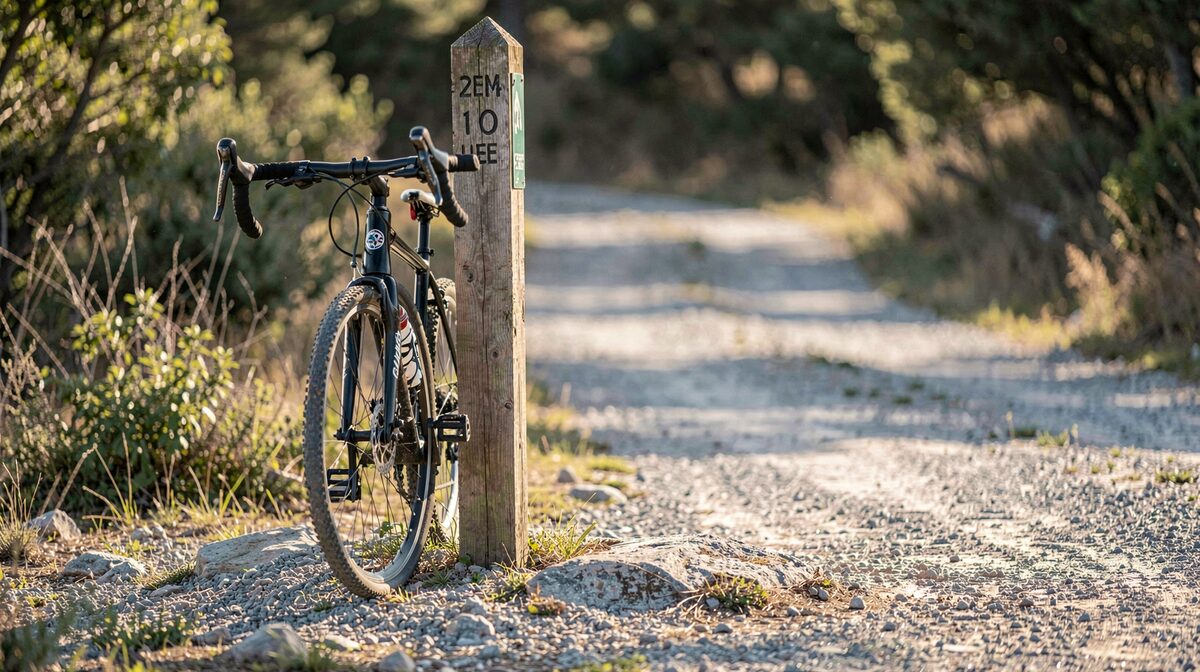 A bicycle resting against a wooden trailhead sign on a crushed limestone path, morning light, shallow depth of field on the sign.