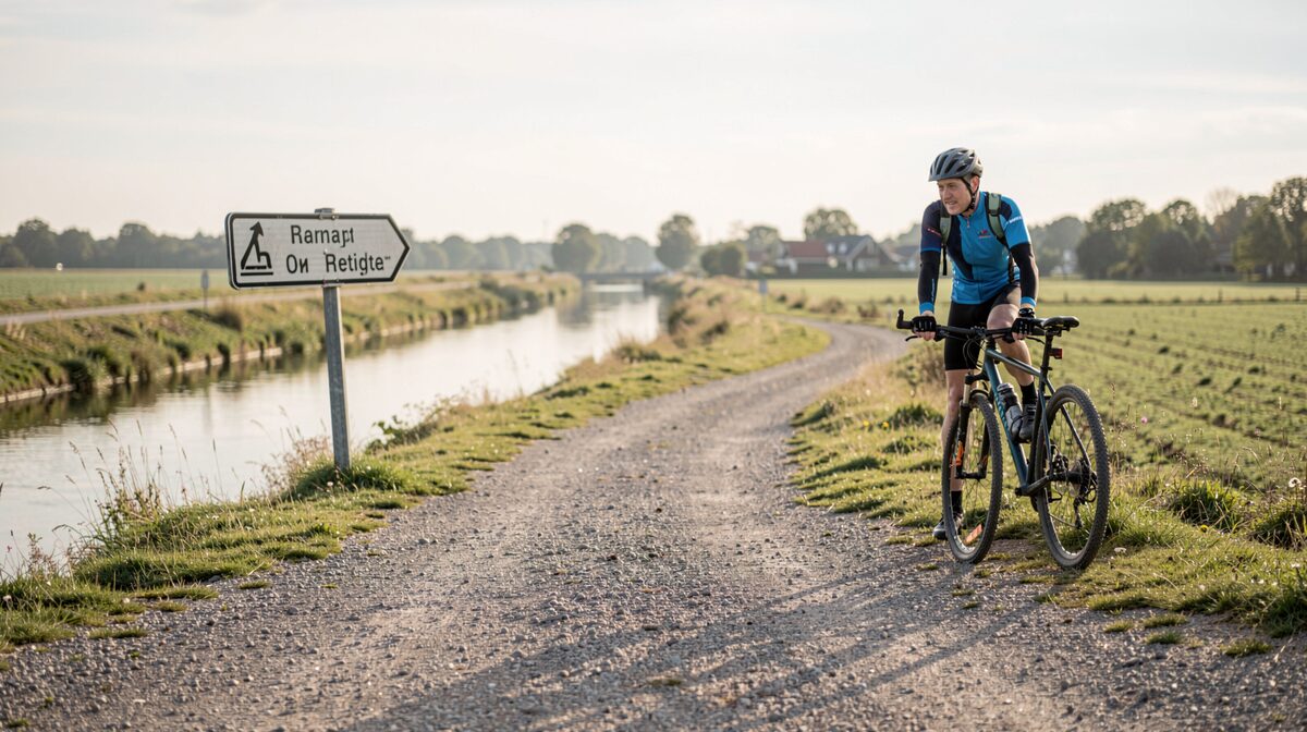 A cyclist pauses beside a canal towpath sign on a flat gravel trail, morning light, wide horizontal framing.