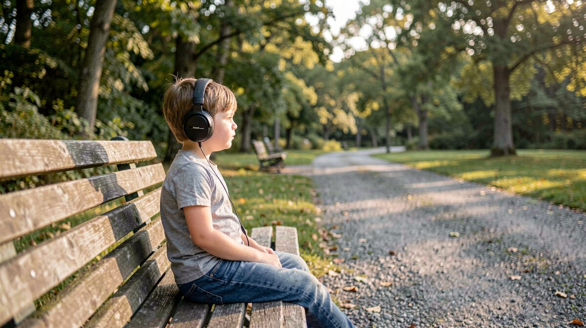 A child wearing headphones on a park bench beside a gravel trail, morning light, wide framing