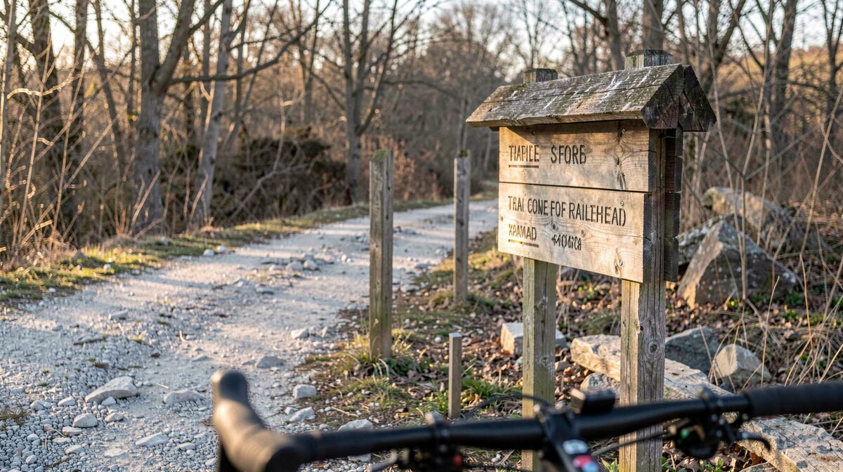A wooden trailhead sign beside a crushed limestone path in soft morning light, framed with a cyclist's handlebars in the foreground and bare trees behind.