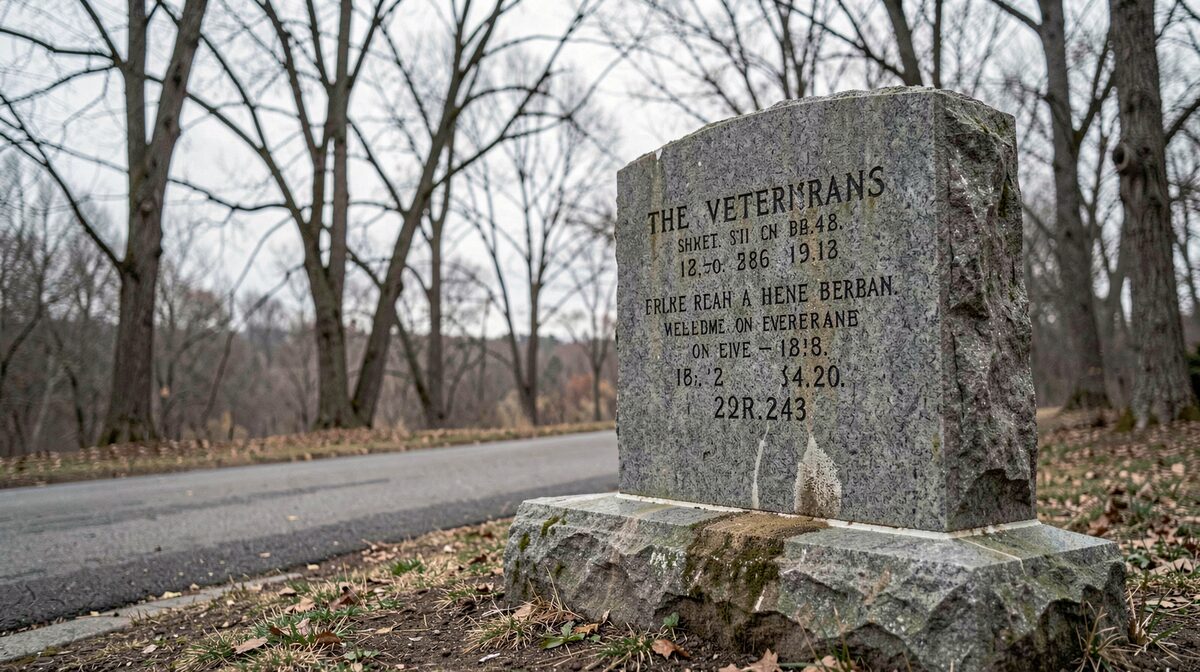 A worn granite veterans memorial beside a limestone trailhead on an overcast morning, framed from a low angle with bare trees and a paved path in the background.