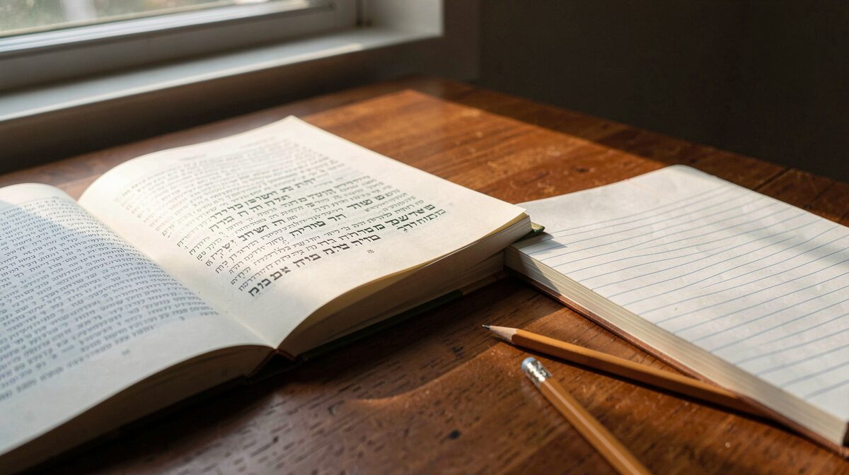 An open study desk by a window with late-afternoon light, a printed book with Hebrew text beside a notebook and pencil, framed to show the desk surface only.
