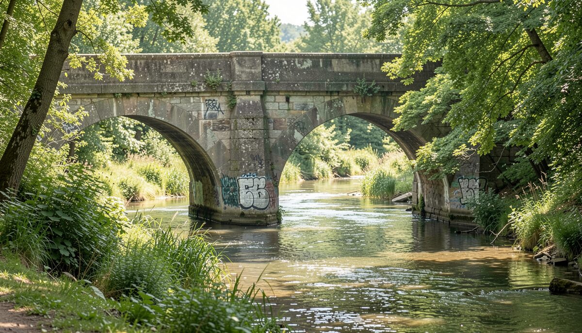 High summer light presses along a leafy straight cut where an old stone bridge pier stands in a creek, water low, graffiti muted at its base.